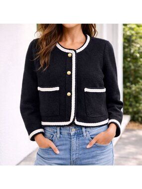 J.Crew Black Cropped Jacket Cardigan Gold Buttons Size Small Chic Old Money